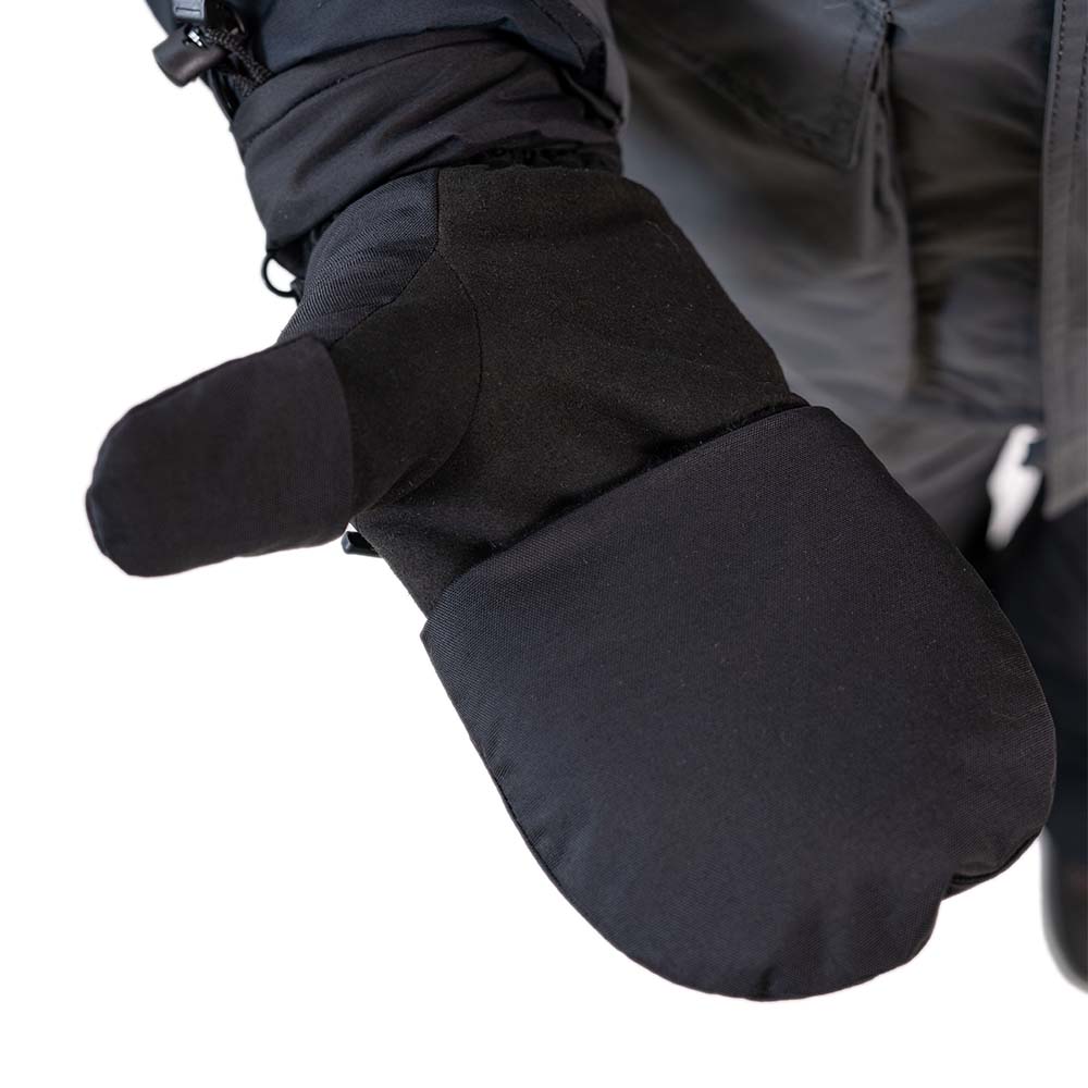 Three-quarter view of charcoal grey ice gear jacket with hood and storm flaps