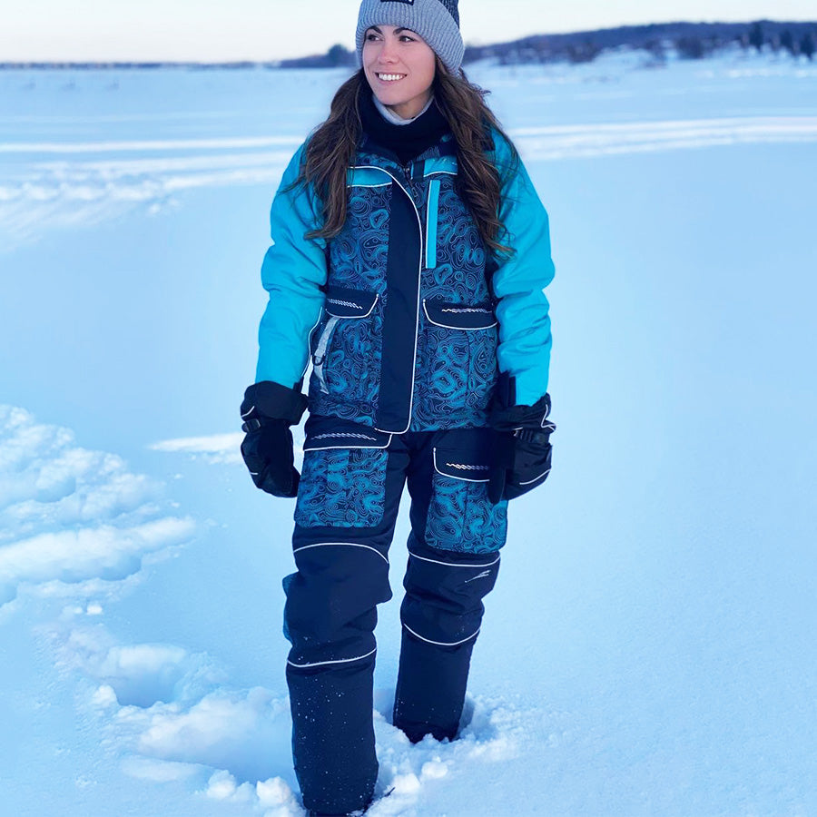 Detail view of insulated ice gear jacket showing insulation and pocket features