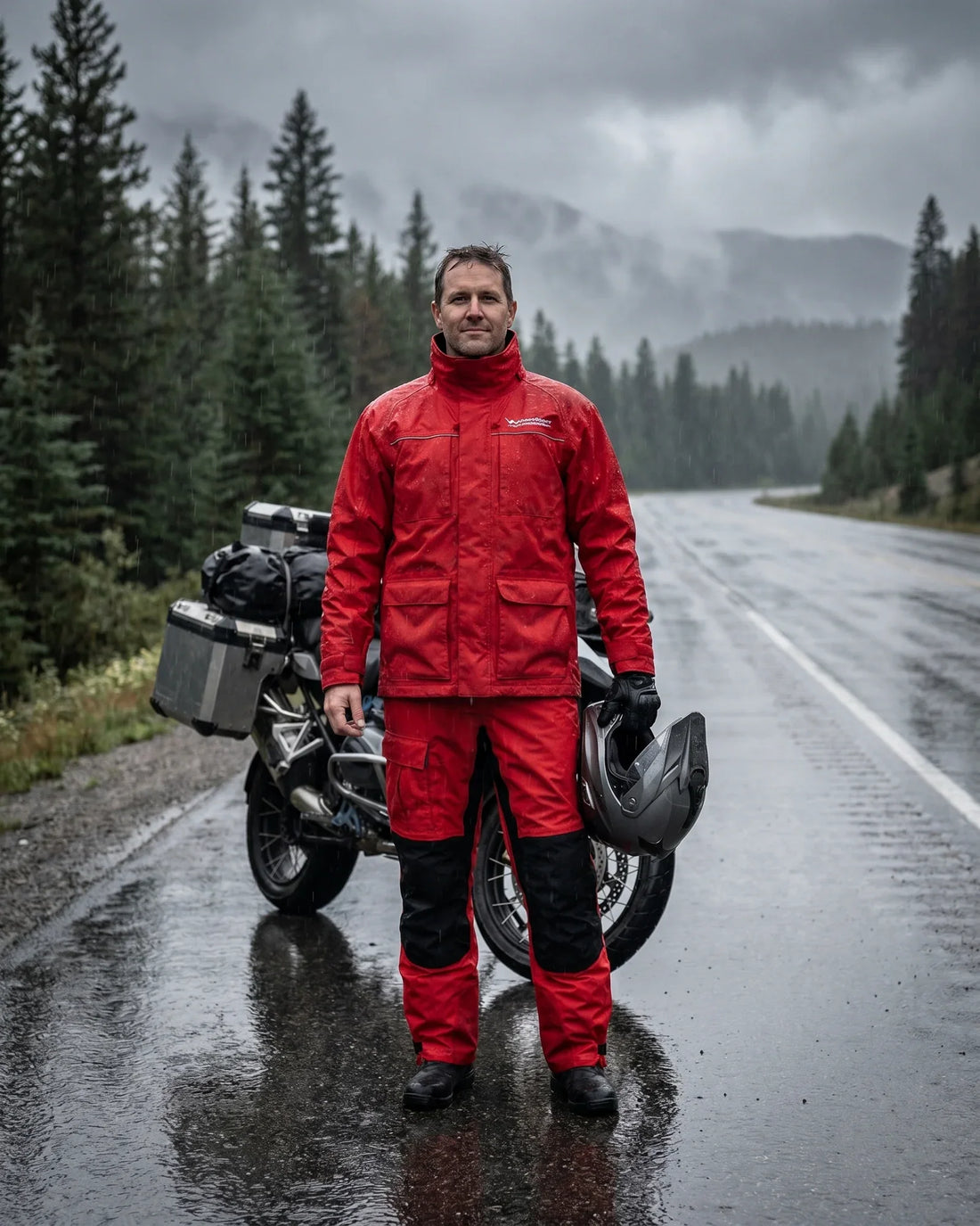 Adventure motorcycle rider in red WindRider Pro All-Weather Rain Suit on a wet mountain highway during rainfall, demonstrating waterproof motorcycle rain gear performance