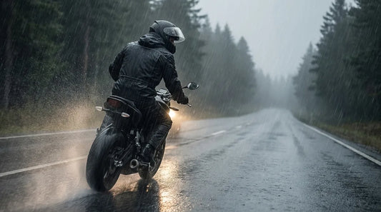 motorcycle rider in black all-weather rain suit riding a wet two-lane highway in heavy rain, spray coming off the rear tire, low visibility, headlight on
