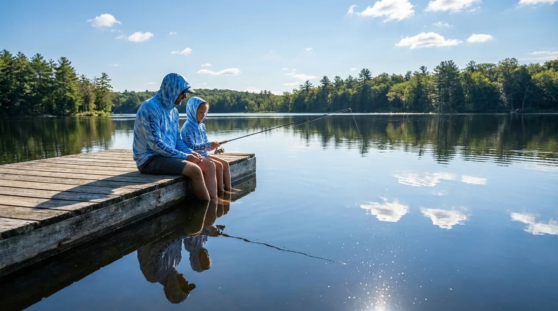 father and young daughter fishing from a wooden backyard dock on a calm lake, both wearing hooded sun shirts, bright midday sun, water reflections visible