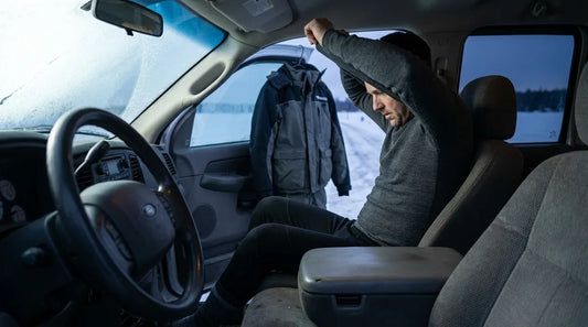close-up of an angler pulling on a merino wool base layer top in a truck cab before heading out onto frozen lake, float suit visible hanging beside them, cold morning light through the windshield