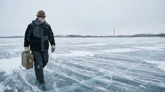 utility or survey worker in dark flotation suit walking across a windswept frozen lake carrying field equipment, overcast winter sky, visible ice surface texture
