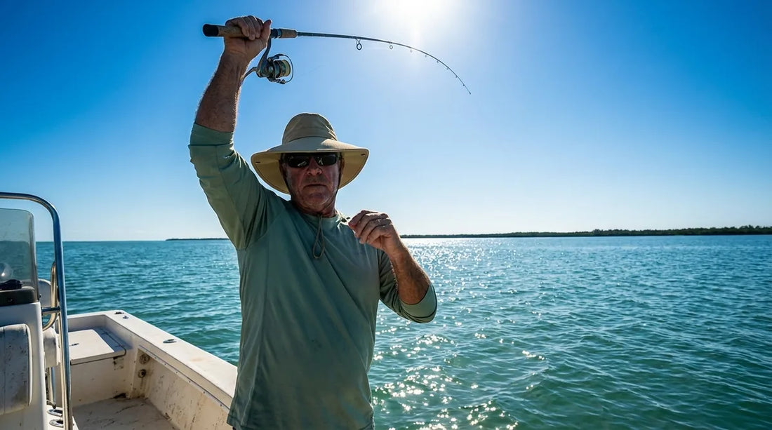 angler in wide brim sun hat standing on boat deck in bright midday sun, casting rod, clear blue water behind him
