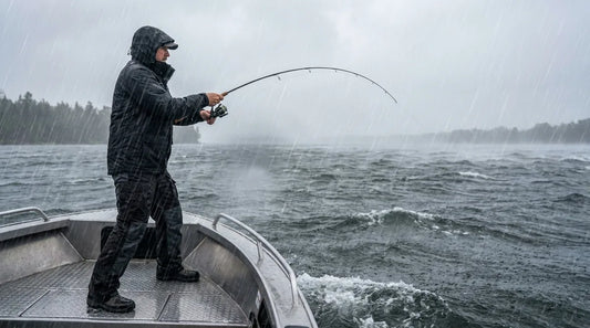 angler in yellow-grey rain jacket standing on the bow of a fishing boat in heavy rain, casting rod, whitecapped water in background