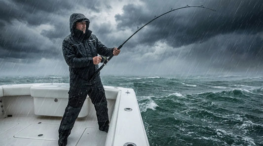 angler in full rain suit and bibs casting from a boat deck in heavy rain, dark storm sky, water droplets visible