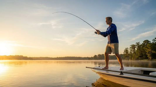 angler standing on boat deck in shorts, early morning light, casting rod over calm water, legs exposed to bright sun