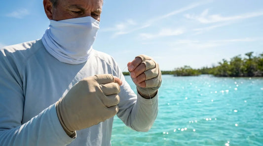 angler on a saltwater flat handling monofilament line with sun gloves on, bright midday sun, turquoise water visible, hands in sharp focus