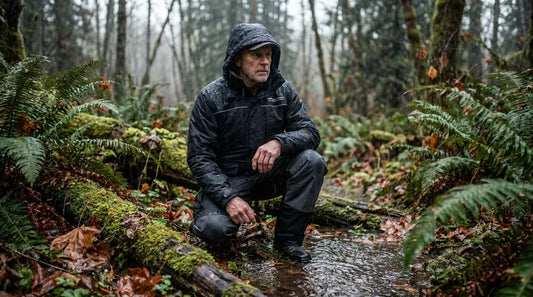 hunter in dark waterproof rain jacket and bibs crouching in wet forest undergrowth, heavy overcast sky, rain visible on leaves
