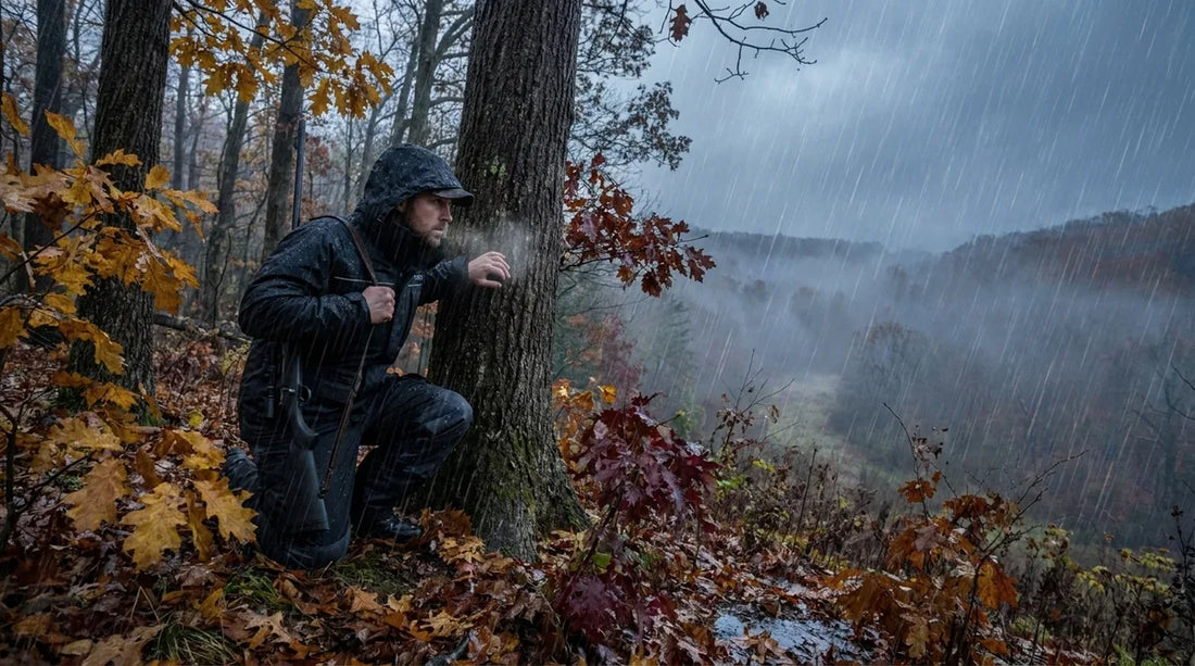 hunter in camo rain jacket crouching at tree line in heavy autumn rain, fog in background, rifle over shoulder, looking into a hardwood ridge