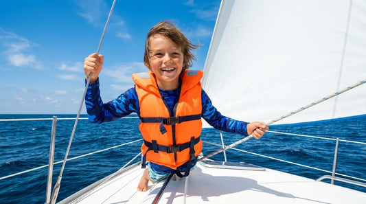 kid around age 9 standing on a sailboat's foredeck in bright midday sun, holding a line, taut white sail and blue water behind, life jacket straps visible over a long-sleeve shirt