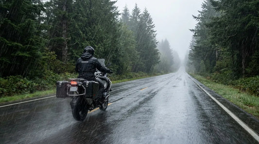 rider on a touring motorcycle in steady rain on a rural highway, wearing a dark waterproof riding coat, overcast sky, motion blur on the road