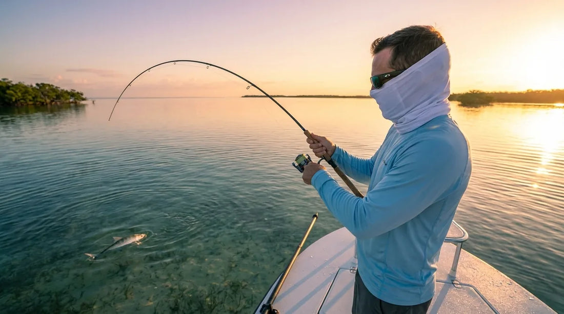 angler on a flats skiff, early morning light, wearing a sun gaiter pulled up over lower face, long-sleeve sun shirt, reeling in a fish against a clear sky