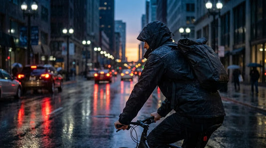 cyclist commuting through city rain in a waterproof jacket, backpack on, water visibly sheeting off the shoulders, wet street with reflected headlights, dusk lighting