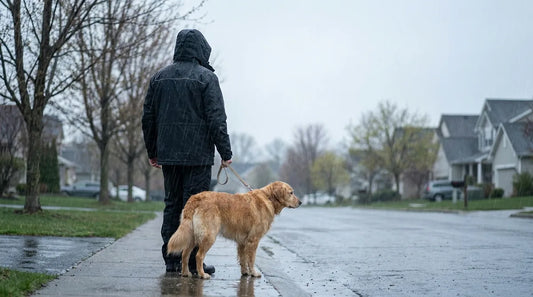 person walking a leashed dog on a quiet neighborhood sidewalk in steady rain, wearing a dark waterproof jacket with hood up, puddles reflecting overcast sky