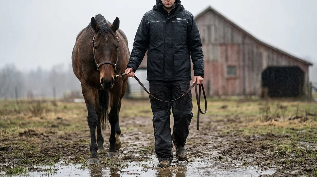 equestrian leading a horse from a rain-soaked pasture toward the barn, wearing black waterproof rain bibs and a matching jacket, overcast sky, muddy ground, boots visible