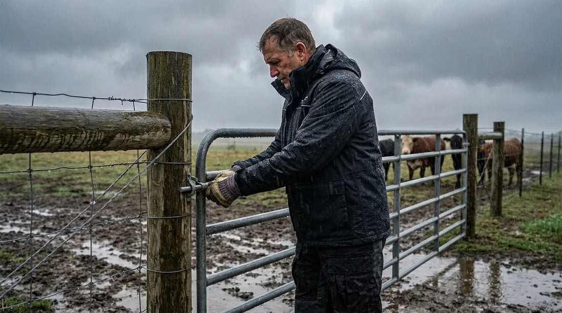 rancher in black waterproof jacket and bibs working a gate latch in steady rain, muddy pasture, overcast sky, livestock visible in background
