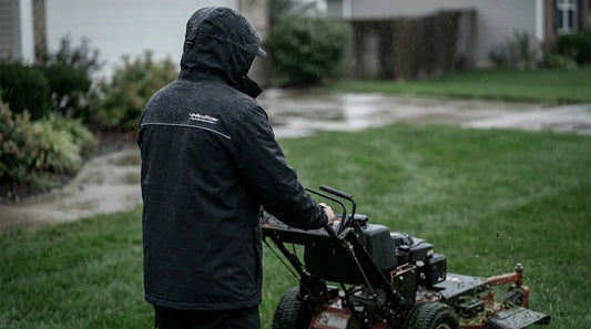 landscaper in waterproof jacket pushing a mower across a soaked lawn during light rain, overcast sky, water beading on the jacket shoulders