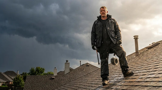 roofer in a waterproof jacket and bibs standing on a steep asphalt-shingle roof, dark storm clouds rolling in behind bright midday sun, rain just starting to fall