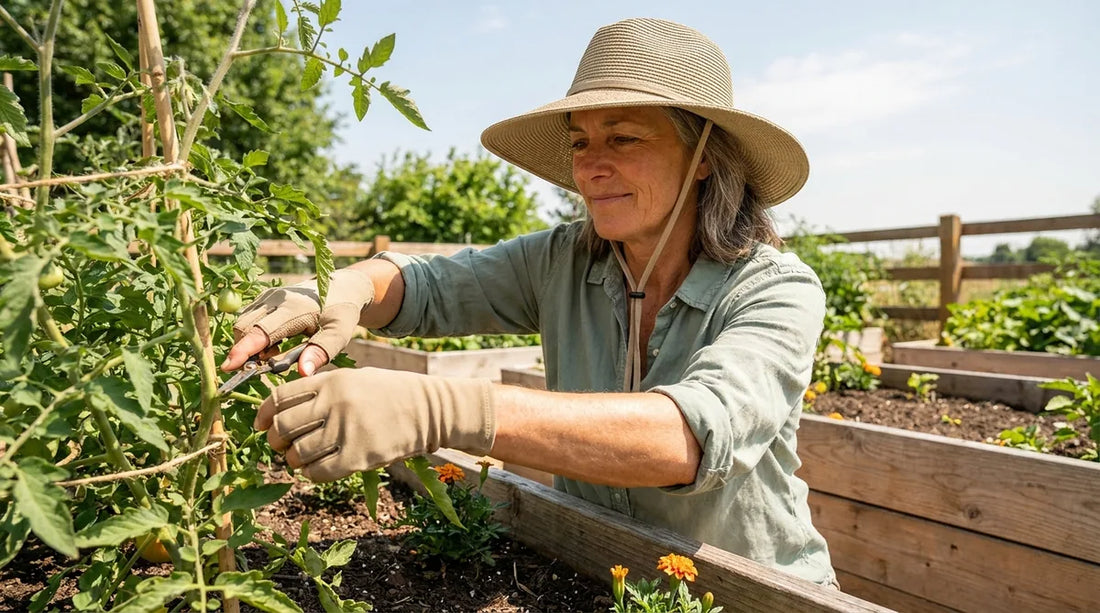 woman in her 50s gardening in a raised vegetable bed at midday, wearing UPF sun gloves and a wide-brim hat, trimming tomato plants with visible sun on bare forearms