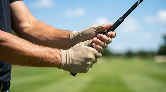 golfer mid-backswing on a sunlit fairway, tight focus on hands gripping the driver, wearing UPF sun gloves, green fairway and blue sky blurred in background