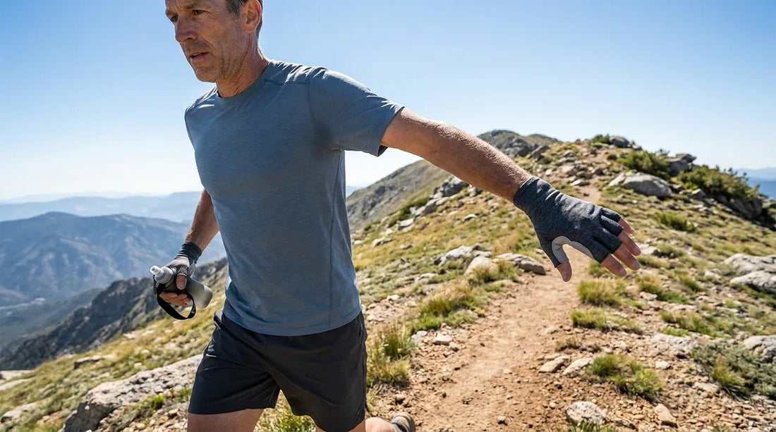 trail runner ascending a sunlit ridgeline trail at altitude, arm swinging with a visible UPF sun glove on the hand, handheld water bottle gripped, sparse alpine terrain and blue sky in the background