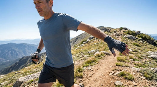 trail runner ascending a sunlit ridgeline trail at altitude, arm swinging with a visible UPF sun glove on the hand, handheld water bottle gripped, sparse alpine terrain and blue sky in the background
