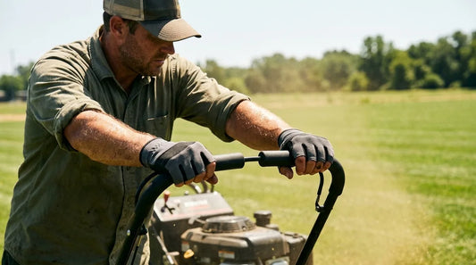 landscaper mowing a commercial lawn under midday sun, gripping a walk-behind mower handle with both hands wearing 3/4-finger UPF sun gloves, sweat visible, bright hard light
