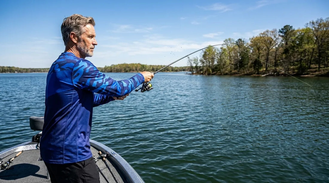 angler on a bass boat in bright midday sun, wearing a long-sleeve UPF fishing shirt in blue camo, casting toward shoreline with rod bent, clear sky background