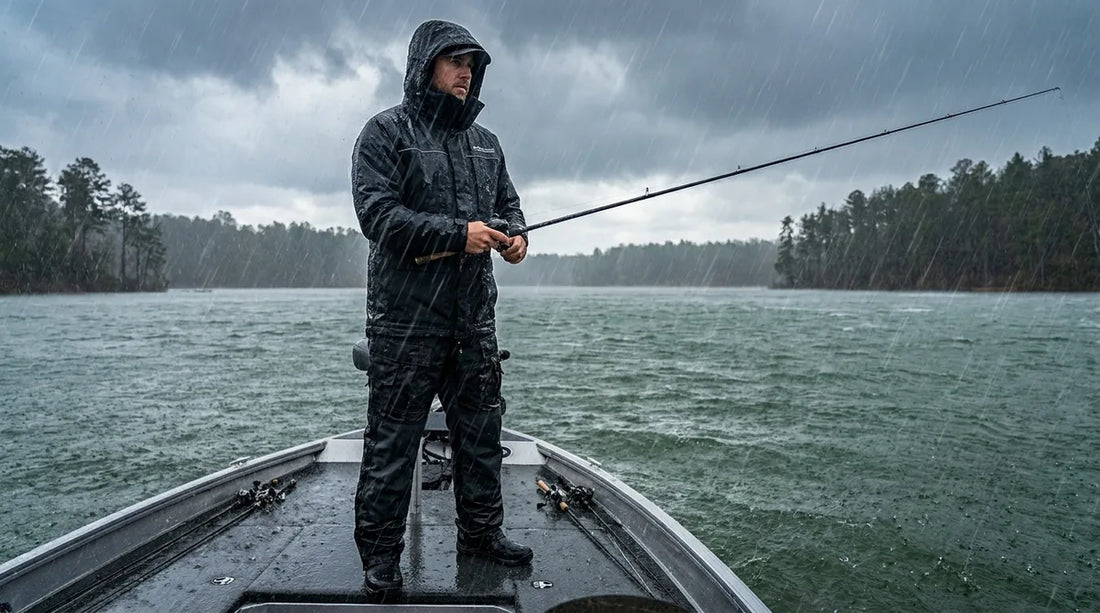 angler in dark rain jacket on the bow of a bass boat during a heavy downpour, hands on rod, water sheeting off shoulders, overcast stormy sky