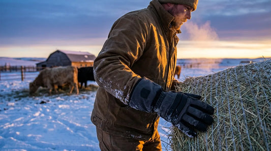 rancher in heavy canvas work jacket wearing waterproof winter gloves, hauling a hay bale across a snowy pasture at dawn, cattle visible in the background, low golden light