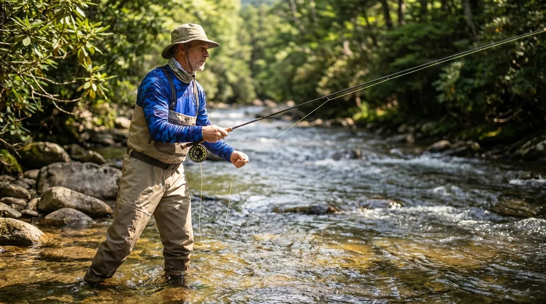 angler wading a clear rocky Appalachian freestone stream, midday summer light, mountains visible in background, wearing UPF long sleeve fishing shirt and neck gaiter, fly rod in hand