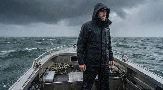 angler in a rain jacket standing at the bow of a fishing boat in a heavy downpour, grey sky and whitecapped water visible, gear completely soaked around him but jacket holding up