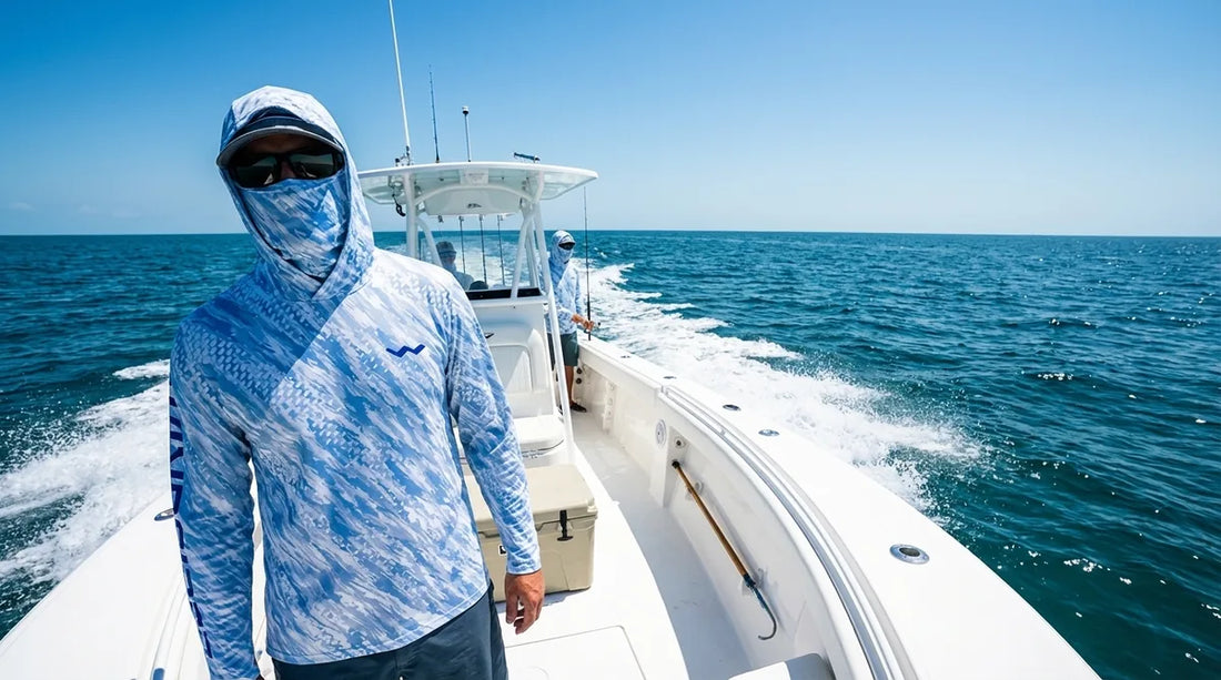 two anglers on the open deck of a center console boat running offshore, bright midday sun, no shade structure visible, one angler wearing a hooded UPF sun shirt with gaiter deployed, open blue water behind them