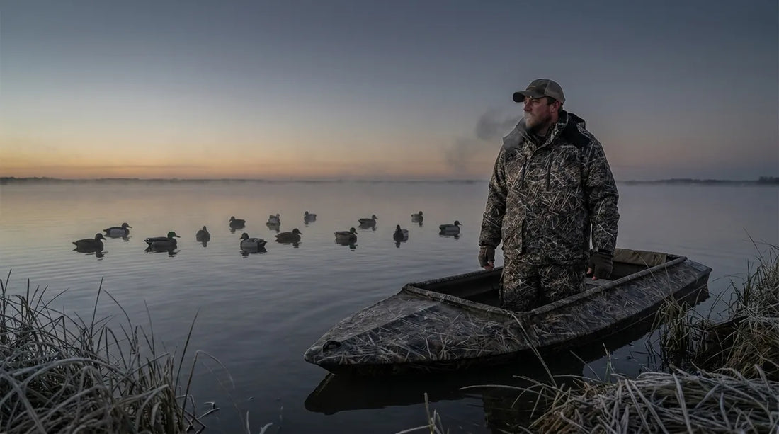 hunter in an insulated wetlands-camo float suit standing in a low-profile boat blind on grey open water at first light, decoy spread visible nearby, breath fogging in the cold air