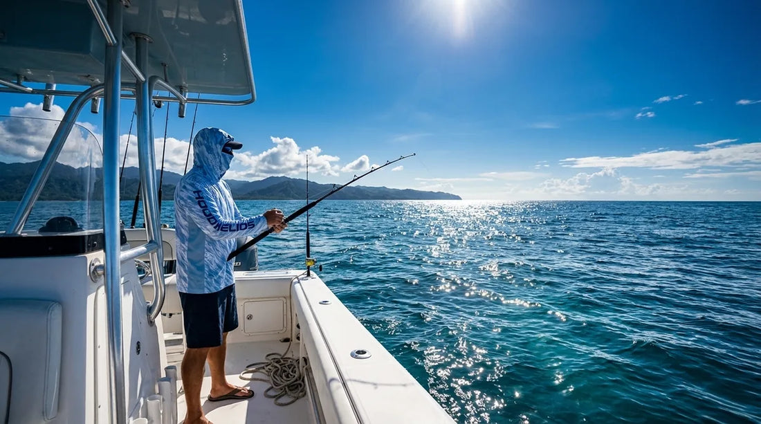 angler on a center console boat offshore, bright blue Pacific water behind them, wearing a long-sleeve hooded UPF fishing shirt, mid-morning sun directly overhead