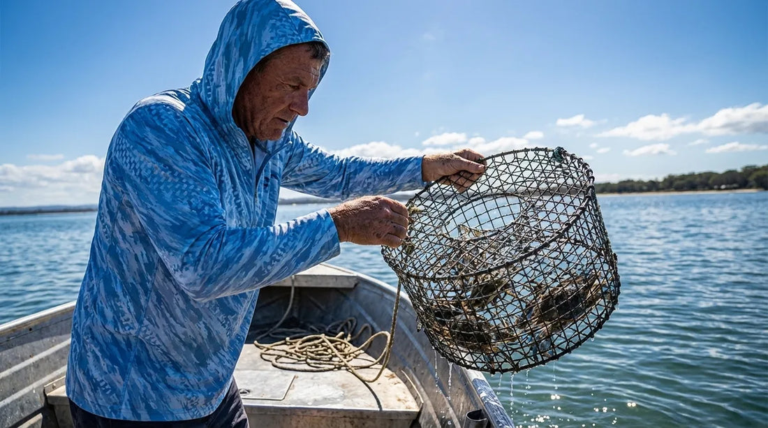 angler in long-sleeve hooded sun shirt pulling a crab pot over the side of a small open boat on a bright sunny day, calm ocean water, midday light