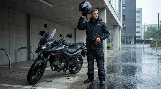 commuter motorcyclist in rain suit arriving at office building, removing helmet in covered parking area, rain visible on the wet asphalt behind the bike