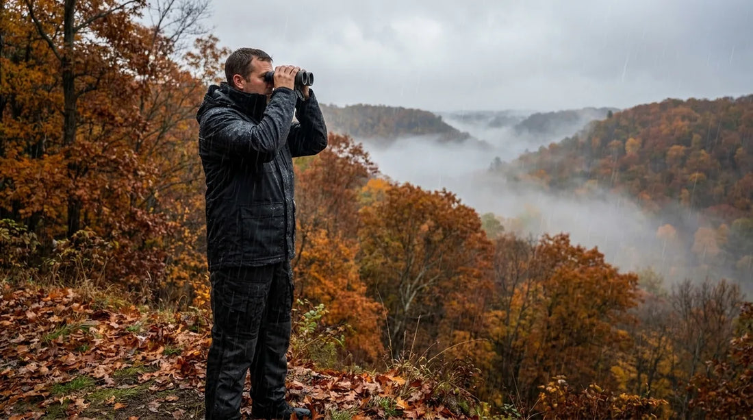 hunter in full rain gear standing on a ridge glassing a hardwood hillside in steady autumn rain, mist in the valley below, amber and orange leaves