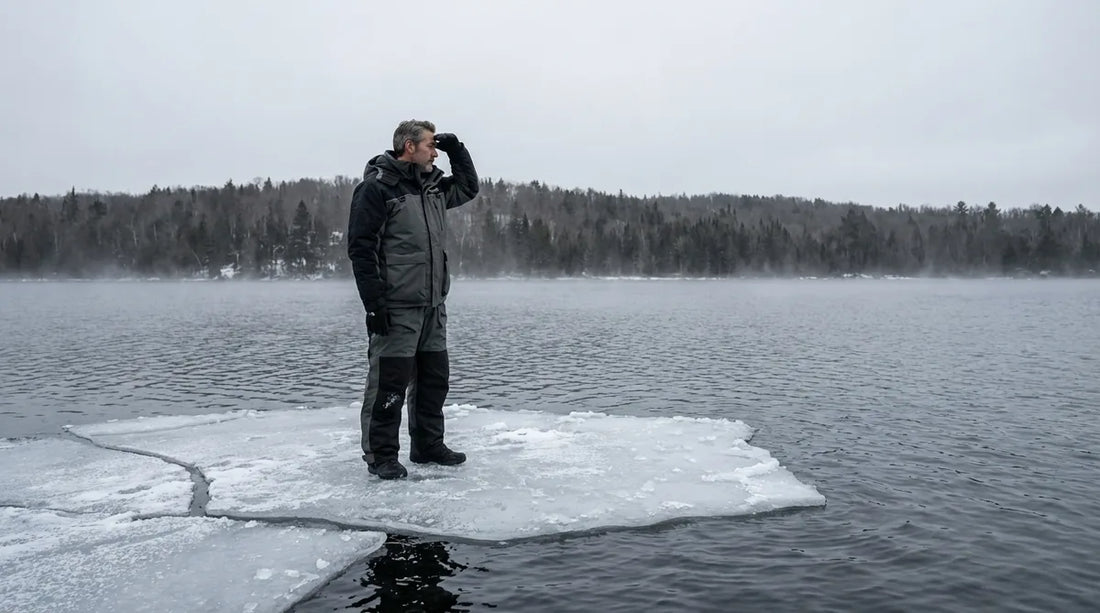 wide-angle view of an angler in a bright float suit standing on an isolated ice sheet surrounded by open water, looking toward shore in early morning light, grey sky