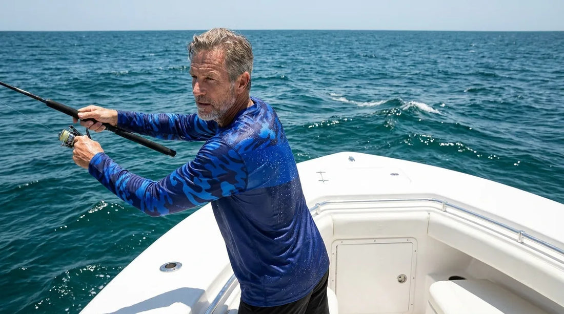 angler on center console boat casting into bright midday sun, water droplets visible on long-sleeve fishing shirt, open ocean backdrop
