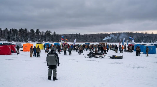 large group of ice fishermen gathered on a frozen lake during an outdoor winter festival, portable shelters and flags visible, overcast sky, late afternoon light