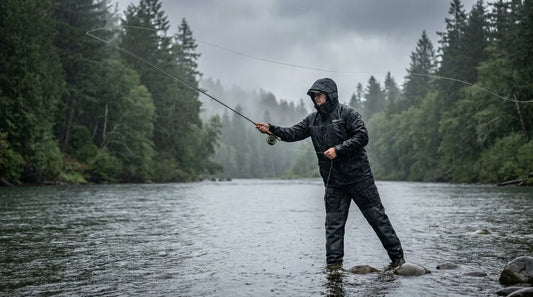 angler in a waterproof rain jacket casting a spey rod on a misty Pacific Northwest river, steady rain visible, evergreen forest and grey sky in the background
