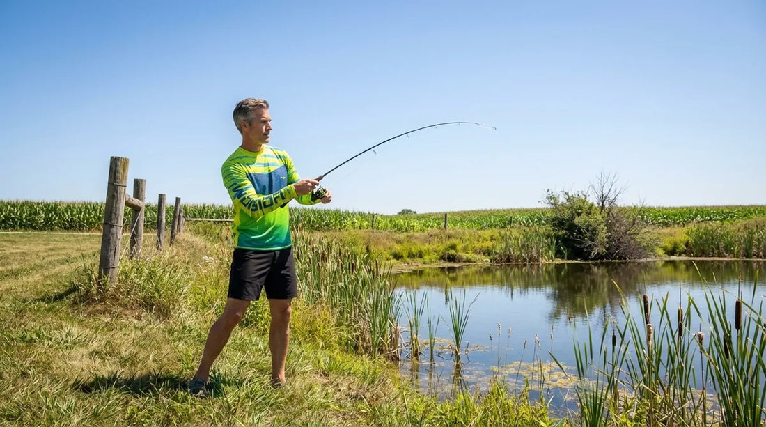 angler in long-sleeve UPF fishing shirt standing on the bank of a farm pond, casting toward the far shore, open sunny sky, no shade, rural landscape with fence posts and crop fields in the background