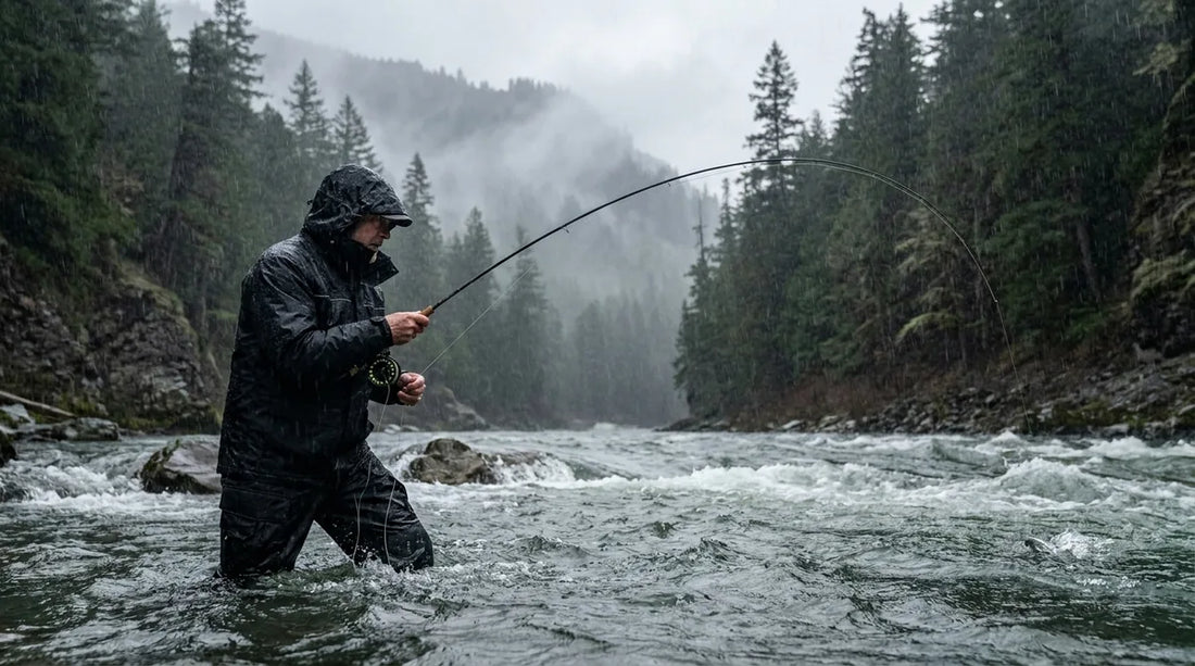 angler wading a swollen Pacific Northwest steelhead river in a steady downpour, rain bibs and jacket soaked but shedding water, evergreen canyon walls fading into grey mist, rod tip loaded into the current