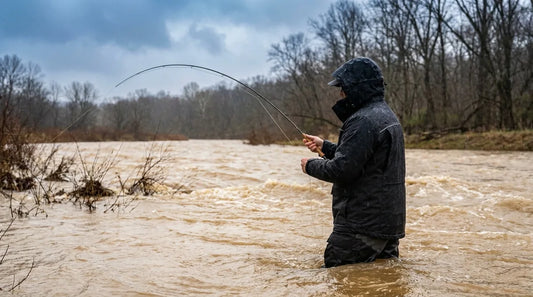 angler wading a rising, stained river in a black rain suit, fly rod bent against an overcast spring sky, water visibly higher and muddier against the bank