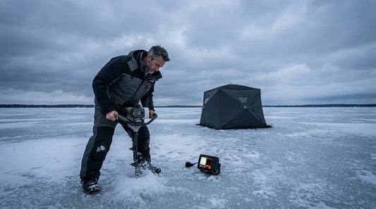ice angler drilling hole on a frozen lake at dawn, cold grey sky, single portable shelter in background, fish finder on ice beside him