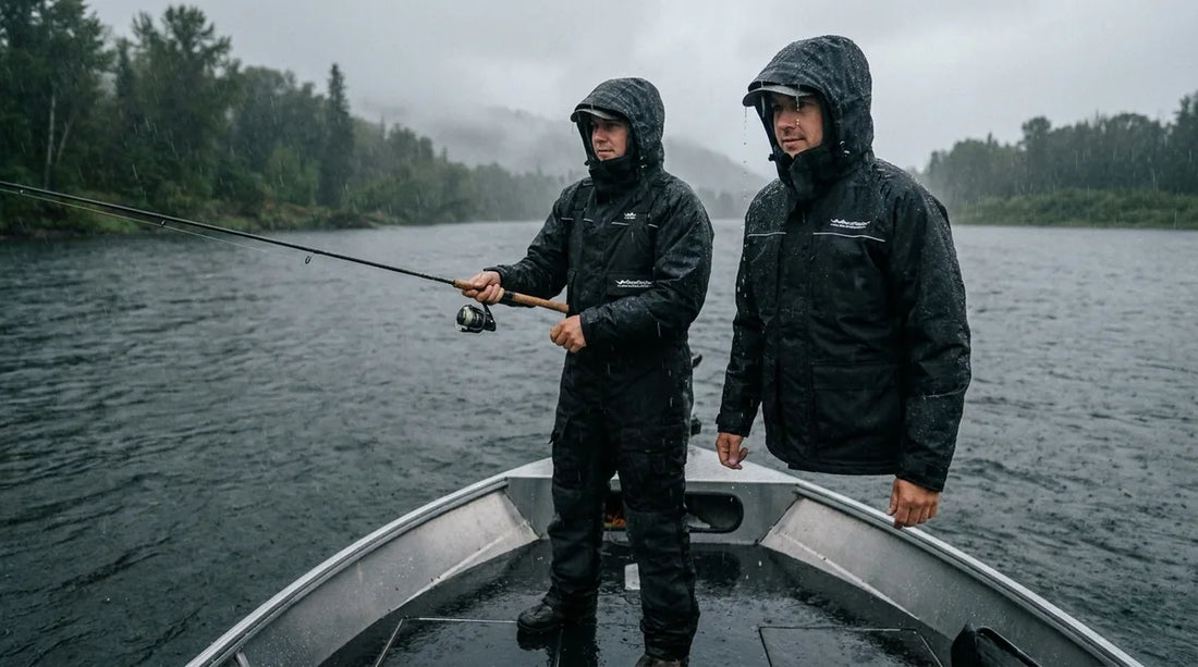 angler in rain jacket standing at bow of fishing boat in steady rain, actively casting, jacket visibly dry outside while angler appears comfortable and not overheated
