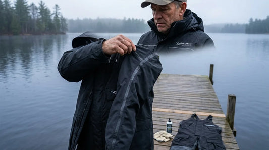 angler in full fishing rain jacket examining seam tape along shoulder and arm seams at lakeside dock, overcast sky, gear laid out for inspection