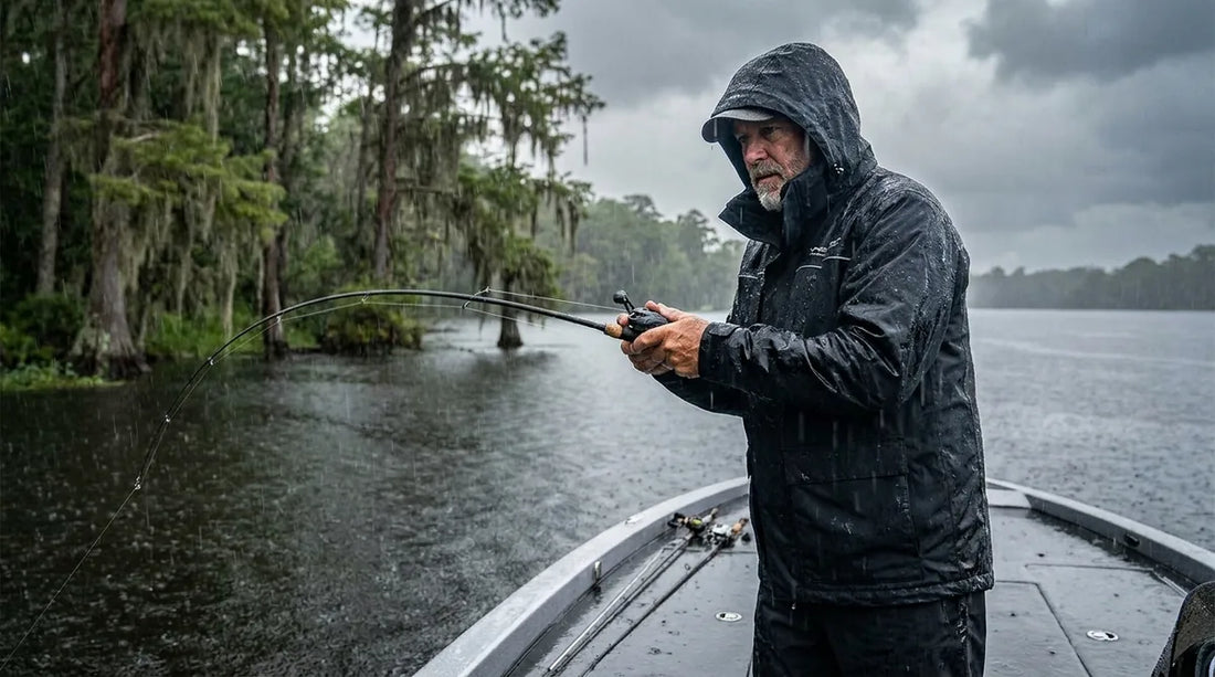 angler on a bass boat in heavy rain, wearing a dark waterproof rain jacket, rod bent on a fish, water sheeting off the jacket